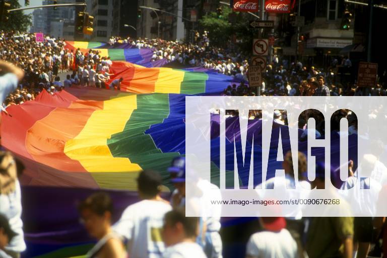 Giant Gay Pride Flag unfurled during Stonewall 25 Giant one mile long Rainbow Flag is unfurled on First Ave. in New York during the celebration and Gay Pride Day Stonewall 25 Parade on June 26, 1994. ( FrancesxM.xRoberts