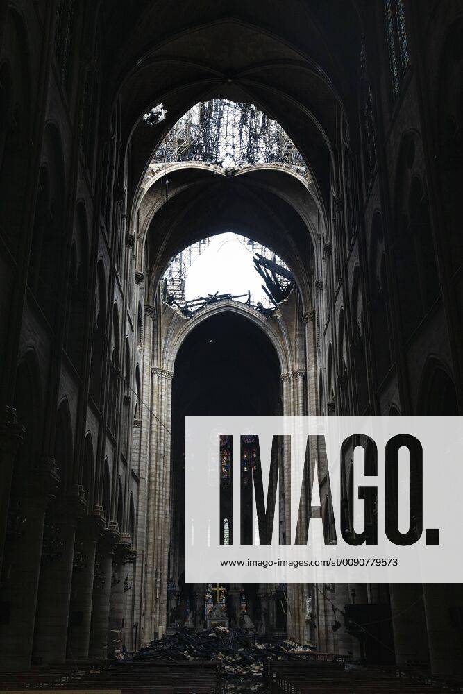 - View of the interior of Notre-Dame de Paris Cathedral after a fire destroyed the roof.