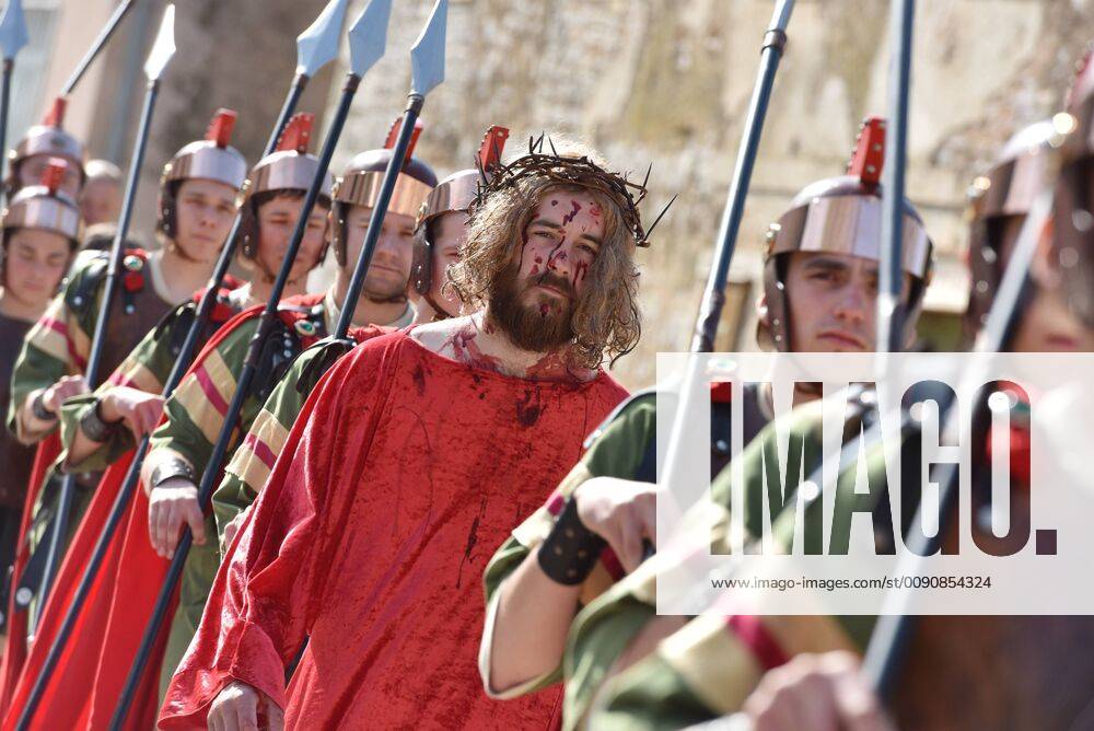 19th Festival of Zudije held in Oklaj 22.04.2019., Croatia, Oklaj - 19th Festival of Zudije on Easter Monday. Zudije are a group of costumed soldiers who represent the guardians of the tomb of Christ. The group consists of 12 guards who are led by the commander named Judas as the 13th guard. The roles of zudije are played by young men who dress up as Roman soldiers and whose task is to guard the tomb as described in the New Testament. Their service starts in the evening of the Holy Thursday when they start guarding the altar, where a carefully decorated tomb is set. They continue to guard the tomb through Good Friday and Holy Saturday up until Easter Vigil at midnight. Then, the zudije fall to the ground upon hearing the bells tolling announcing the resurrection of Christ during the Holy Mass. HrvojexJelavic PIXSELL