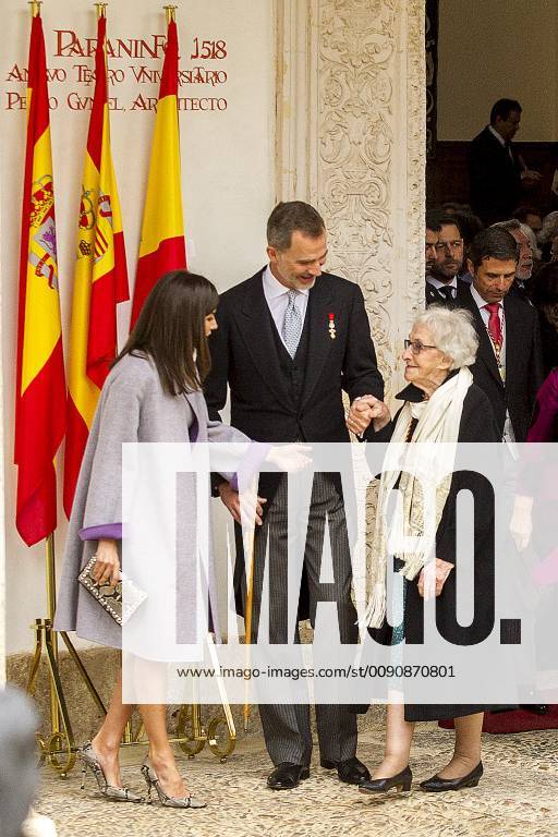 King Felipe VI of Spain, Queen Letizia and Uruguayan poet Ida Vitale (R) during the Cervantes Literature Prize ceremony at the University of Alcala in Madrid on April 23, 2019. (20190423020)
