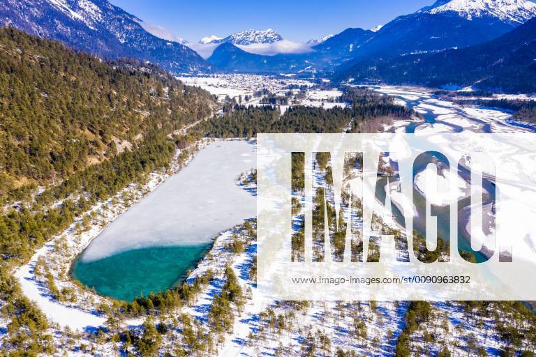 Austria, Tirol, Lech valley, Lech river in winter, aerial image STSF01865