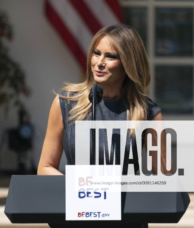 First lady Melania Trump speaks during the anniversary celebration of the BeBest campaign, an initiative advocating against cyberbullying and drug use.