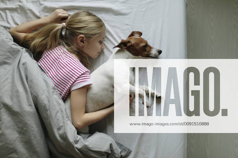 Blond girl lying on bed with her dog sleeping, top view model released Symbolfoto property released JPF00378