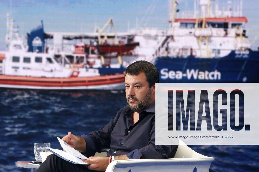 Matteo Salvini and on the screen the ship Sea Watch Rome June 26th 2019. Tv show Porta a Porta. Foto Samantha Zucchi Insidefoto SamanthaxZucchi