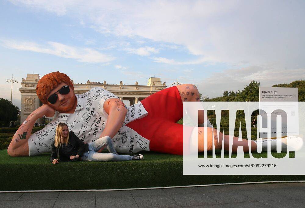 MOSCOW, RUSSIA – JULY 15, 2019: A 5-metre figure of English singer Ed Sheeran by Moscow s Gorky Park ahead of Sheeran s concert in Moscow. Vladimir Gerdo TASS TS0B3325