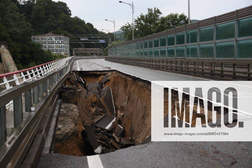 SOCHI, RUSSIA â€“ JULY 25, 2019: Heavy rain causes a partial collapse of the A147 motorway linking Dzhubga with Sochi and running along the Black Sea coast. Dmitry Feoktistov TASS TS0B44AB