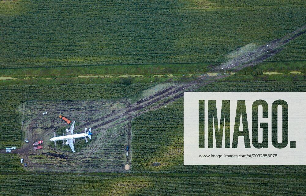 An aerial view of the Ural Airlines Airbus A321 plane in a cornfield near Zhukovsky International Airport. The aircraft bound for Simferopol made an emergency landing due to an engine fire on August 15, 2019. Dmitry Golubovich TASS TS0B6B75