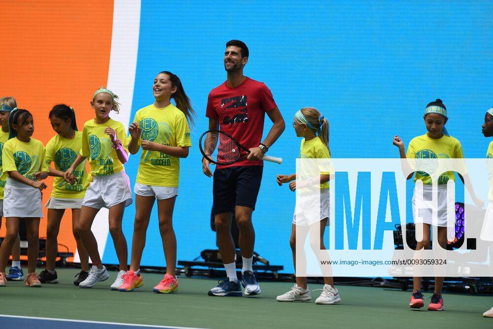 FLUSHING NY- AUGUST 24: Novak Djokovic is seen dancing with the stars of the net generation during Arthur Ashe Kids Day at the USTA Billie Jean King National Tennis Center on August 24, 2019 in Flushing Queens.