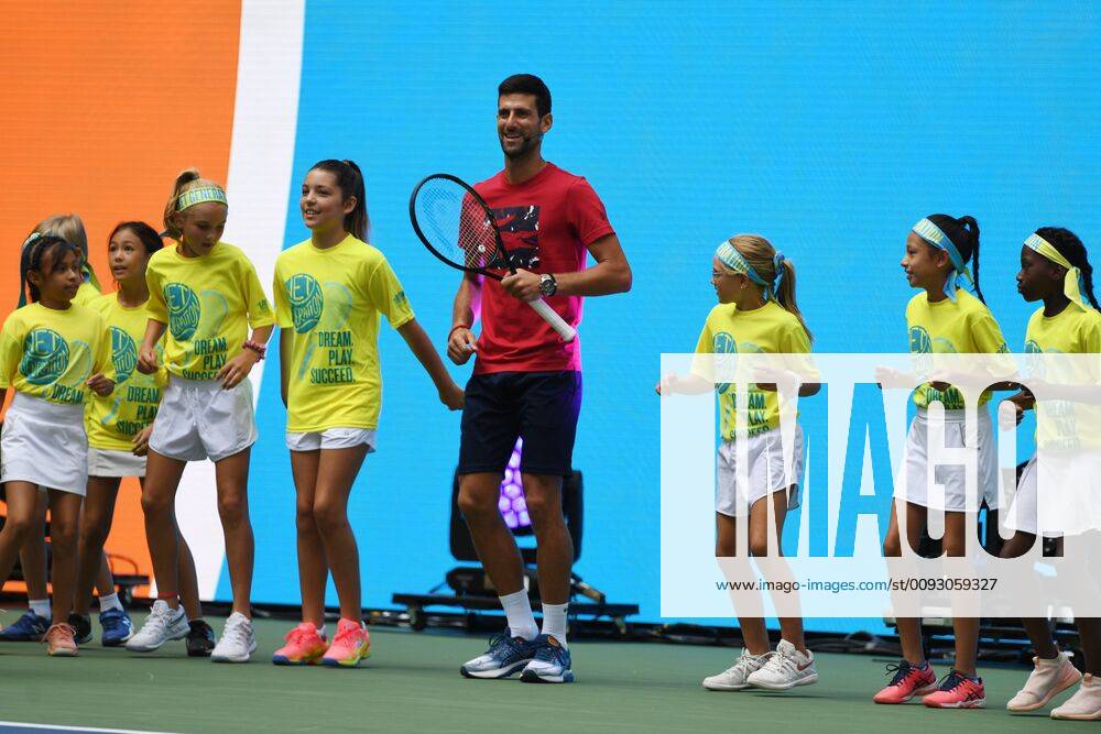 FLUSHING NY- AUGUST 24: Novak Djokovic is seen dancing with the stars of the net generation during Arthur Ashe Kids Day at the USTA Billie Jean King National Tennis Center on August 24, 2019 in Flushing Queens.