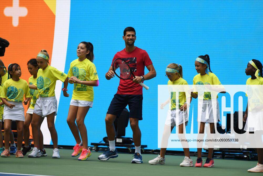 FLUSHING NY- AUGUST 24: Novak Djokovic is seen dancing with the stars of the net generation during Arthur Ashe Kids Day at the USTA Billie Jean King National Tennis Center on August 24, 2019 in Flushing Queens.