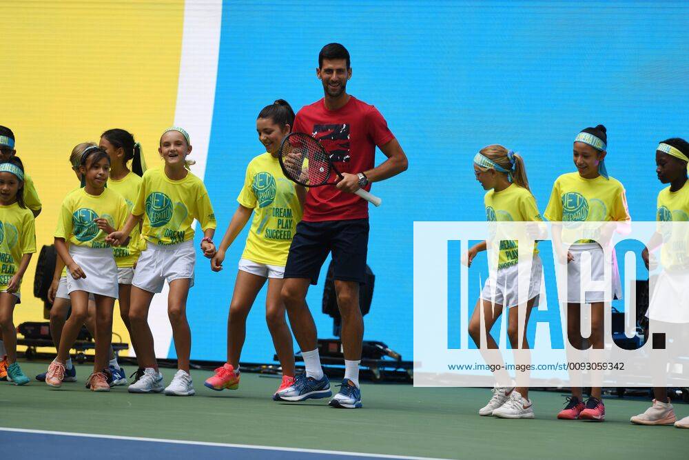 FLUSHING NY- AUGUST 24: Novak Djokovic is seen dancing with the stars of the net generation during Arthur Ashe Kids Day at the USTA Billie Jean King National Tennis Center on August 24, 2019 in Flushing Queens.