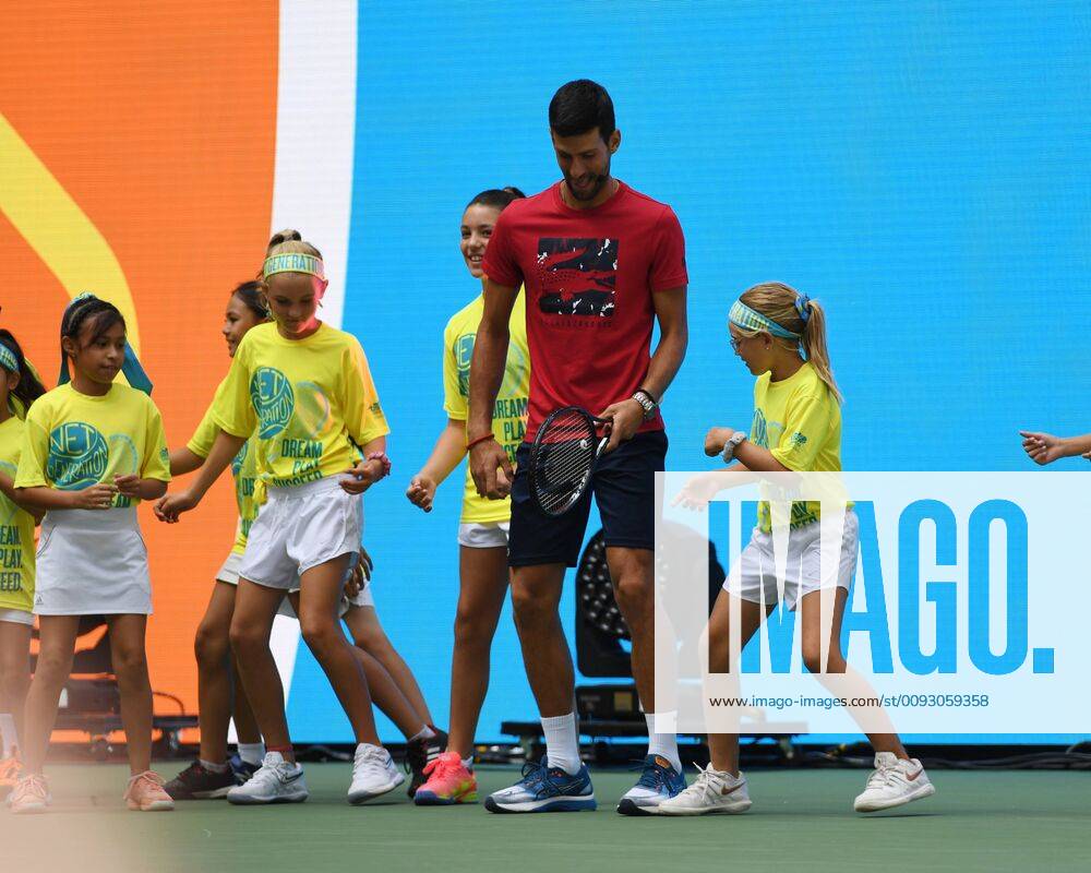 FLUSHING NY- AUGUST 24: Novak Djokovic is seen dancing with the stars of the net generation during Arthur Ashe Kids Day at the USTA Billie Jean King National Tennis Center on August 24, 2019 in Flushing Queens.