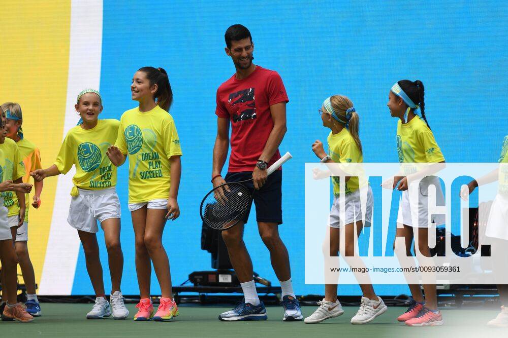 FLUSHING NY- AUGUST 24: Novak Djokovic is seen dancing with the stars of the net generation during Arthur Ashe Kids Day at the USTA Billie Jean King National Tennis Center on August 24, 2019 in Flushing Queens.