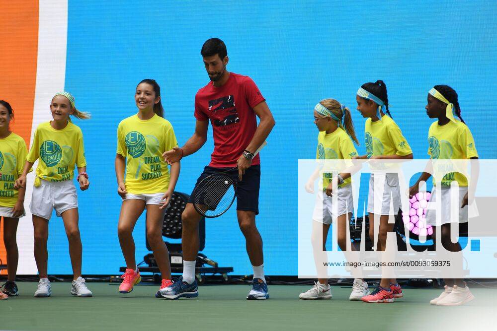 FLUSHING NY- AUGUST 24: Novak Djokovic is seen dancing with the stars of the net generation during Arthur Ashe Kids Day at the USTA Billie Jean King National Tennis Center on August 24, 2019 in Flushing Queens.