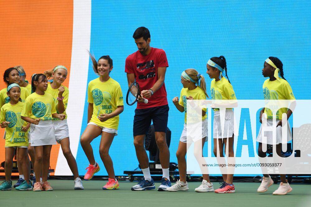 FLUSHING NY- AUGUST 24: Novak Djokovic is seen dancing with the stars of the net generation during Arthur Ashe Kids Day at the USTA Billie Jean King National Tennis Center on August 24, 2019 in Flushing Queens.