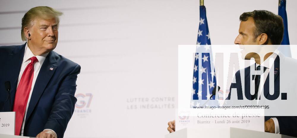 Gemeinsame Abschluspressekonferenz von Donald Trump und Emmanuel Macron - G7 in Biarritz - Vom 24. bis zum 26. August findet im südfranzösischen Biarritz, der jährlich ausgerichtete G7 Gipfel statt. Zum Abschluss der Tagung hielten der amerikanische Präsident Donald Trump und der französische Präsident Emmanuel Macron eine gemeinsame Pressekonferenz ab. Themen waren unter anderem die bilateralen Verhältnisse nd Beschlüsse der vergangenen Tage.