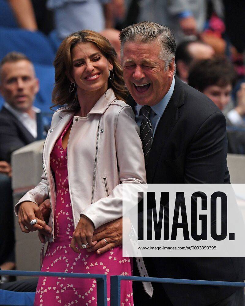 FLUSHING NY- AUGUST 26: Hilaria Baldwin and Alec Baldwin are seen watching Serena Williams Vs Maria Sharapova on Arthur Ashe Stadium at the USTA Billie Jean King National Tennis Center on August 26, 2019 in Flushing Queens.