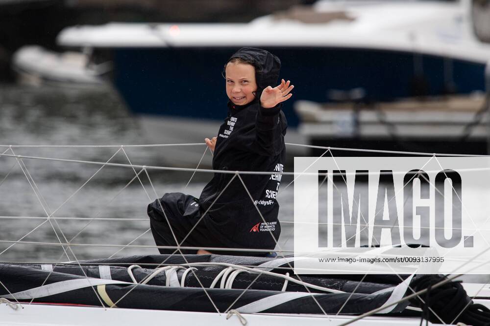 Swedish climate activist Greta Thunberg arrives to North Cove Marina at the boat Malizia on August 28, 2019 in New York. Photo: Joel Marklund BILDBYRAN kod JM 88010 BBENG Greta Thunberg klimat klimataktivist climate climate activist climate change