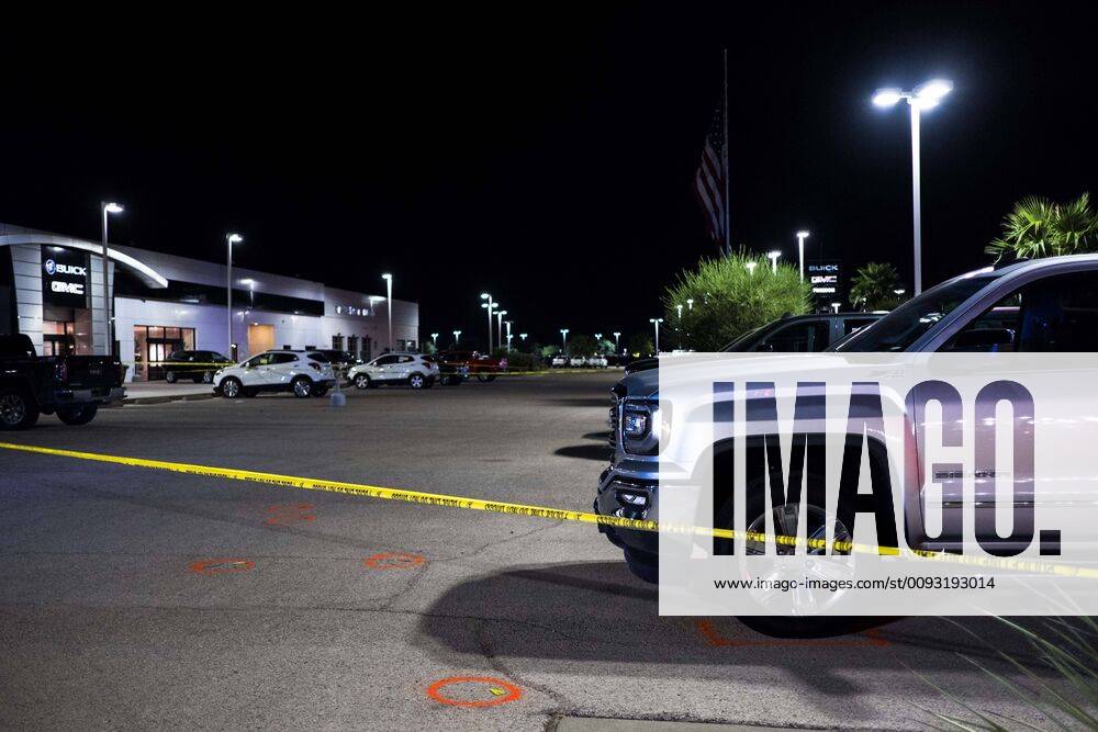 Crime tape blocks off an area at a dealership where a gunman opened fire in Odessa, Texas. The gunman, who hijacked a U.S. Postal Service van, drove through the towns of Midland and Odessa fatally shooting five people and wounding 21 others earlier in the day. Odessa USA - ZUMAj106 20190831_zap_j106_004