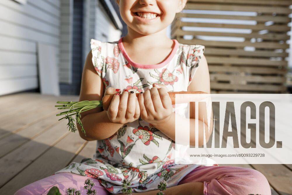 Creative Highlights Symbolfoto Little girl sitting on terrace holding carrot, partial view model released Symbolfoto property released KMKF01022