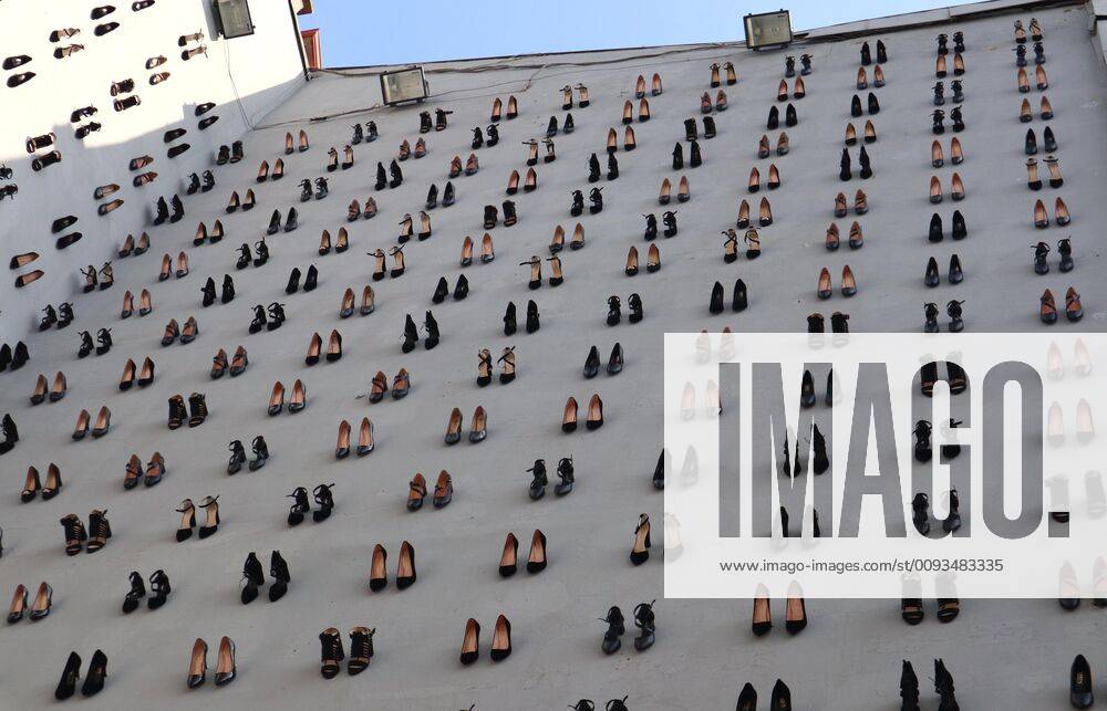 (190917) -- ISTANBUL, Sept. 17, 2019 -- High heels are installed on a facade of a building in downtown Istanbul, Turkey, Sept. 17, 2019. A total of 440 pairs of high-heel black shoes were installed recently on a facade of a building in downtown Istanbul to draw attention to the equal number of women murders in Turkey last year and raise awareness against increasing male violence in the country. ) TURKEY-ISTANBUL-HIGH HEELS INSTALLATION-AWARENESS AGAINST MALE VIOLENCE XuxSuhui