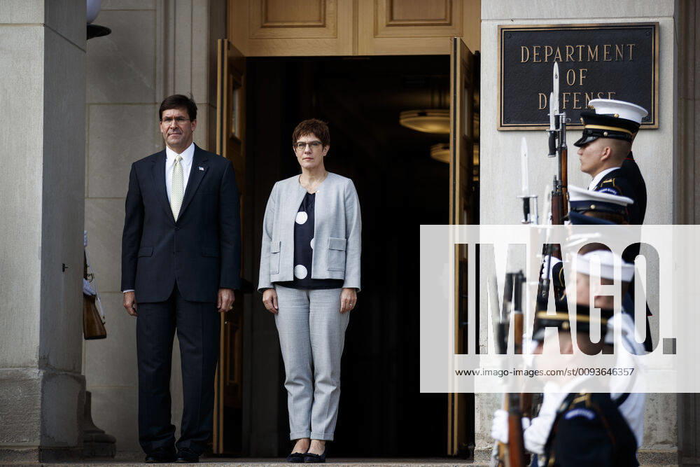 (190923) -- ARLINGTON (U.S.), Sept. 23, 2019 -- U.S. Secretary of Defense Mark Esper (L) welcomes German Defense Minister Annegret Kramp-Karrenbauer at the Pentagon in Arlington, Virginia, the United States, on Sept. 23, 2019. (Photo by Xinhua) U.S.-ARLINGTON-MARK ESPER-GERMANY-DEFENSE MINISTER-MEETING TingxShen