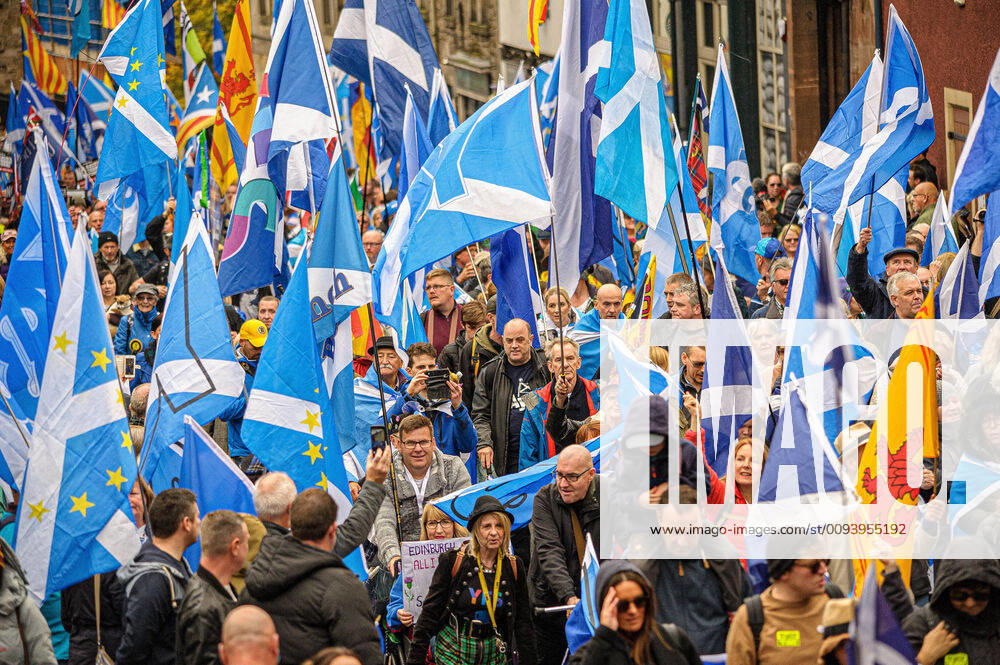 Protesters hold flags during march through the City..Thousands of Scottish independence supporters marched through Edinburgh as part of the final ˜all under one banner protest of the year, as the coalition aims to run such event until Scotland is ˜freeâ Edinburgh United Kingdom - ZUMAs197 20191005_zaa_s197_305