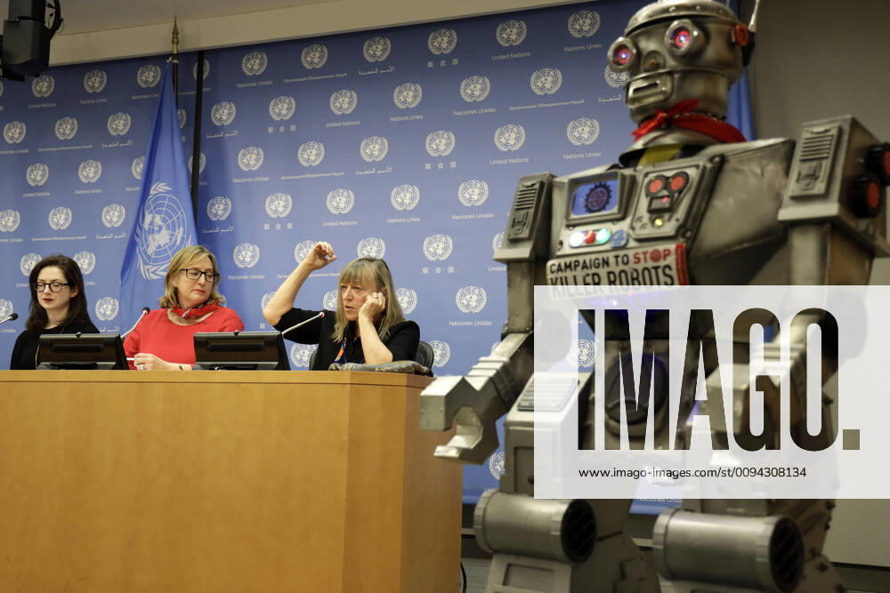 (191021) -- UNITED NATIONS, Oct. 21, 2019 -- (L-R) Liz O Sullivan with the International Committee for Robot Arms Control (ICRAC), Mary Wareham, global coordinator of the Campaign to Stop Killer Robots, and Jody Williams, Nobel Peace Prize co-laureate and the founding coordinator of the International Campaign to Ban Landmines (ICBL) attend a press conference on the Campaign to Stop Killer Robots, at the UN headquarters in New York, Oct. 21, 2019. Mary Wareham on Monday urged the international community to stop developing lethal autonomous weapons systems, or killer robots. ) UN-STOP KILLER ROBOTS-PRESS CONFERENCE LixMuzi