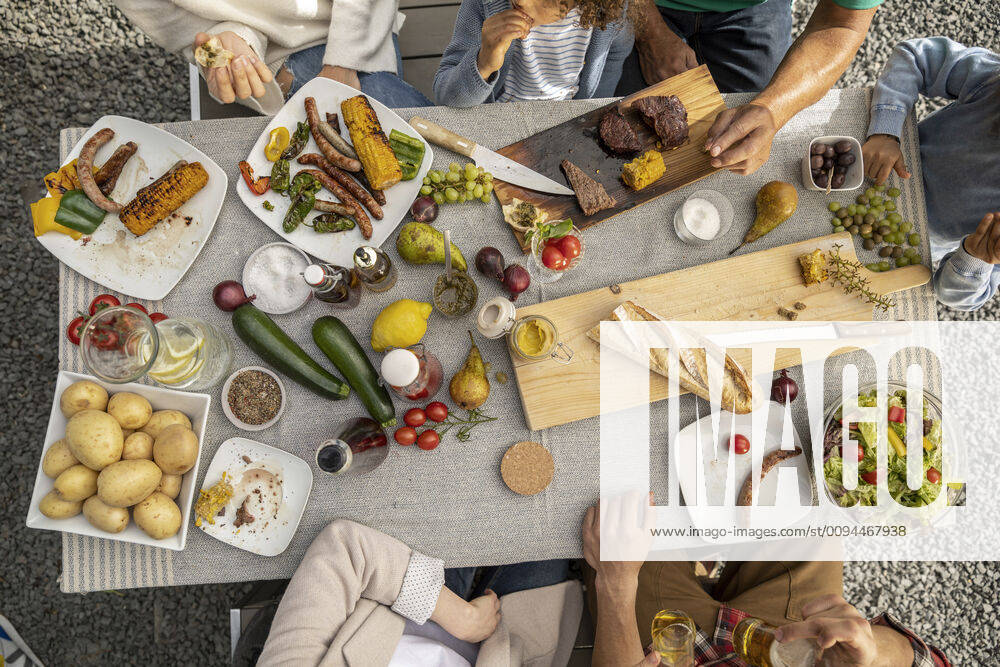 Top view of family having lunch in garden model released Symbolfoto property released MJFKF00056