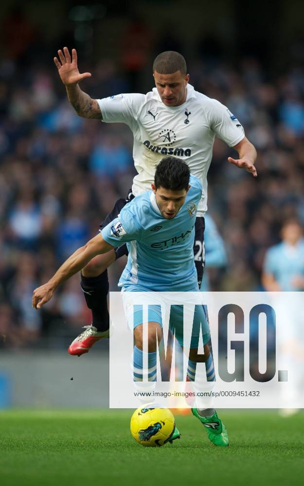 Manchester City s Sergio Kun Agüero in action against Tottenham Hotspur s Kyle Walker during the Premiership match at the City of Manchester Stadium. ZWEIx xPropagandax