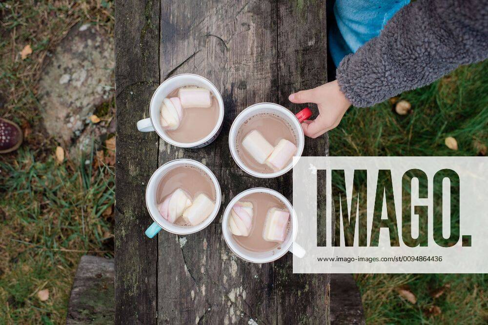 IMAGO Creative: Landleben - Essen hot chocolate and marshmallows on a bench outside with a boy s hand Sweden, Stockholm County, Norrtälje CR_RABE191022-210197-01
