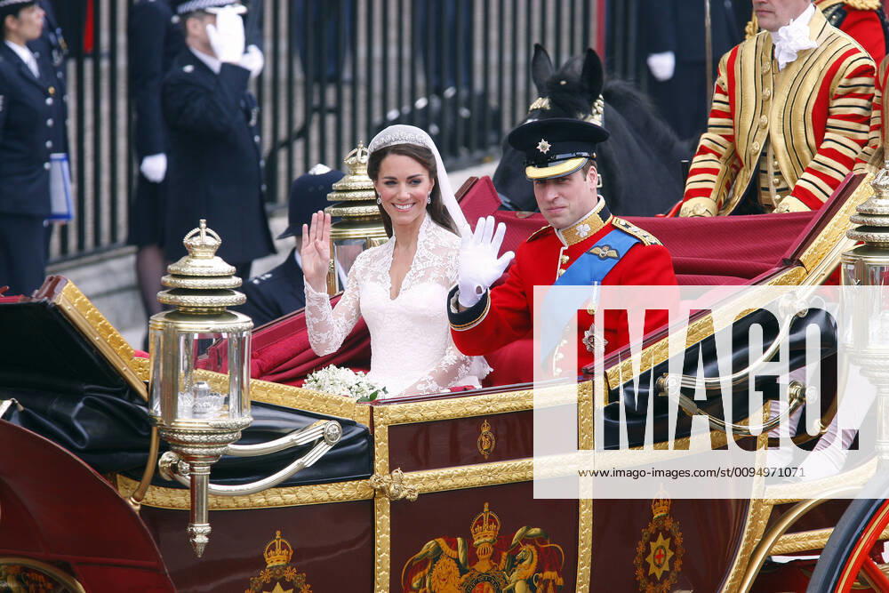 Prince William & Princess Catherine, Duke and Duchess of Cambridge, leaving Westminster Abbey, London, in the Royal Carriage after their wedding.