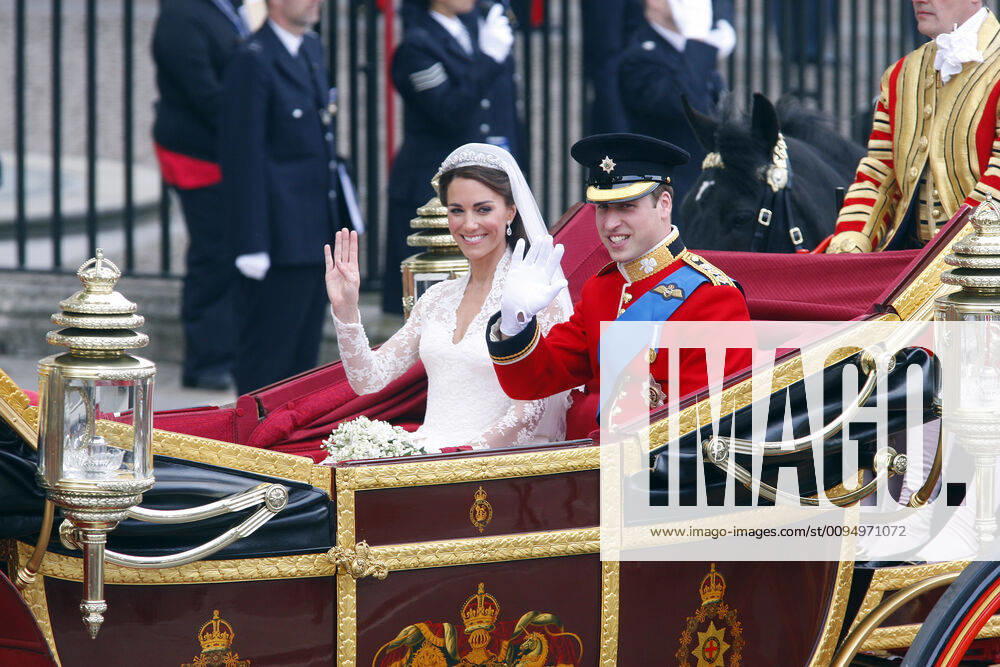 Prince William & Princess Catherine, Duke and Duchess of Cambridge, leaving Westminster Abbey, London, in the Royal Carriage after their wedding.