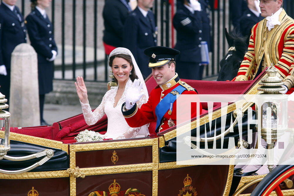 Prince William & Princess Catherine, Duke and Duchess of Cambridge, leaving Westminster Abbey, London, in the Royal Carriage after their wedding.