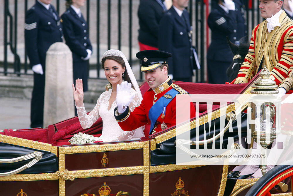 Prince William & Princess Catherine, Duke and Duchess of Cambridge, leaving Westminster Abbey, London, in the Royal Carriage after their wedding.