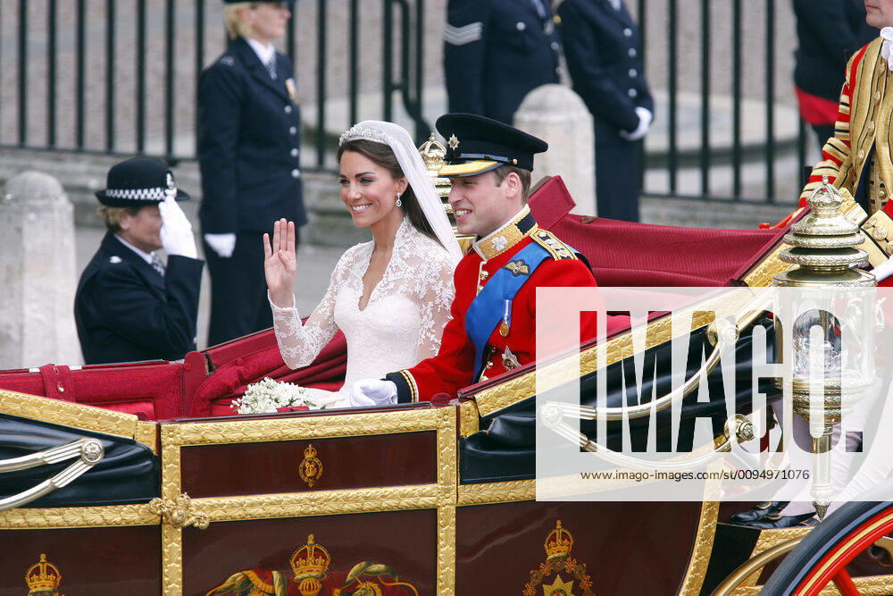 Prince William & Princess Catherine, Duke and Duchess of Cambridge, leaving Westminster Abbey, London, in the Royal Carriage after their wedding.