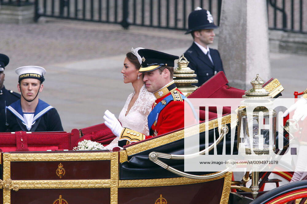 Prince William & Princess Catherine, Duke and Duchess of Cambridge, leaving Westminster Abbey, London, in the Royal Carriage after their wedding.
