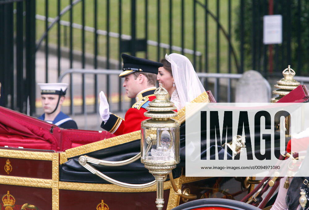 Prince William & Princess Catherine, Duke and Duchess of Cambridge, leaving Westminster Abbey, London, in the Royal Carriage after their wedding.