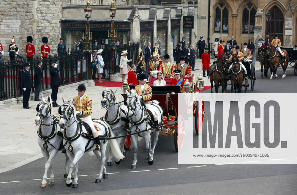 Prince William & Princess Catherine, Duke and Duchess of Cambridge, leaving Westminster Abbey, London, in the Royal Carriage after their wedding.