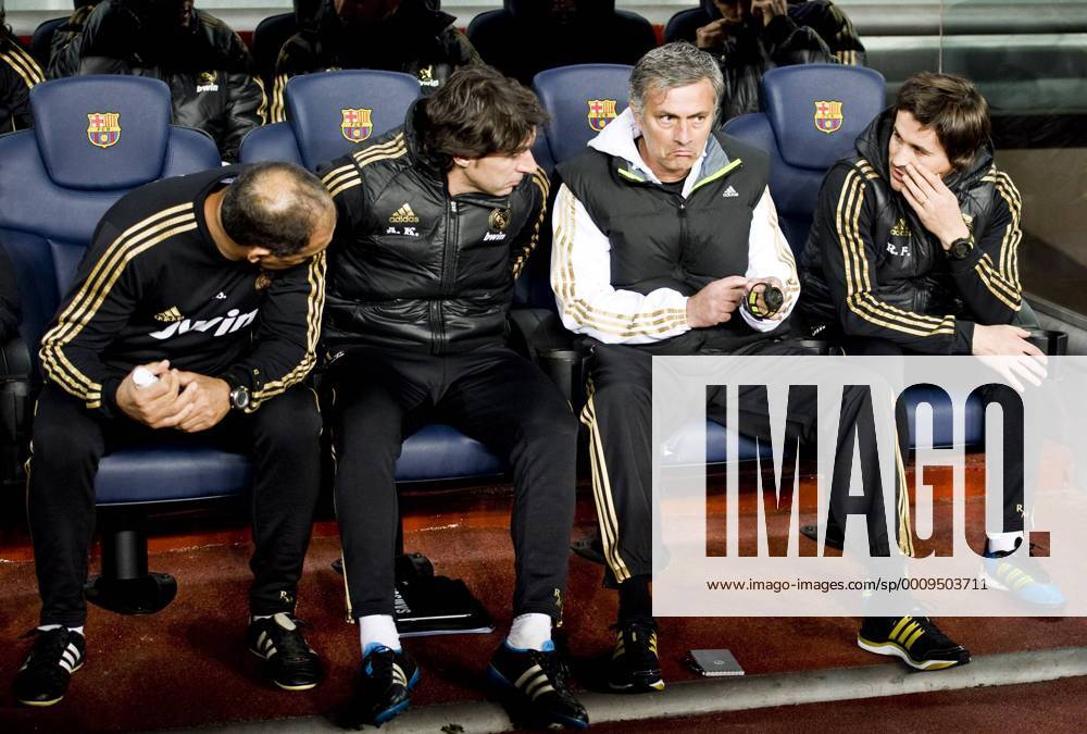 Copa del Rey, FC Barcelona vs. Real Madrid: Jose Mourinho, coach of Real Madrid C.F., and his assistants Silvino Louro, Aitor Karanka and Rui Faria