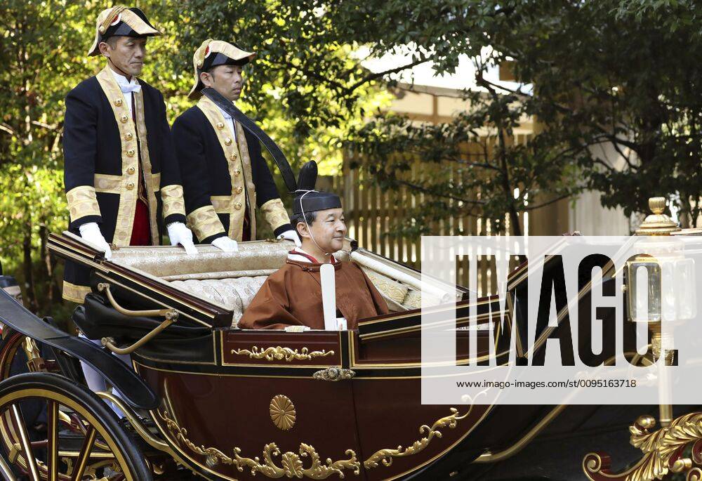 Emperor s visit to Ise Jingu shrine Japanese Emperor Naruhito rides in a horse-drawn carriage on his way to perform a ceremony marking the completion of two major rites signifying his enthronement at the Naiku inner shrine of Ise Jingu in Mie Prefecture, central Japan, on Nov. 23, 2019. (Pool photo)