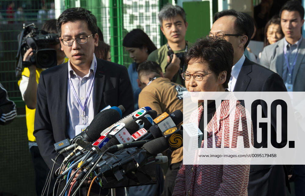 Hong Kong Chief Executive, CARRIE LAM, votes in the local council elections. Lam meets the press at Raymond College in Midlevels Central to cast her vote in an election predicted to show Hong Kongers true views following 5 months of protests. Hong Kong China - ZUMAr144 20191124_zap_r144_002