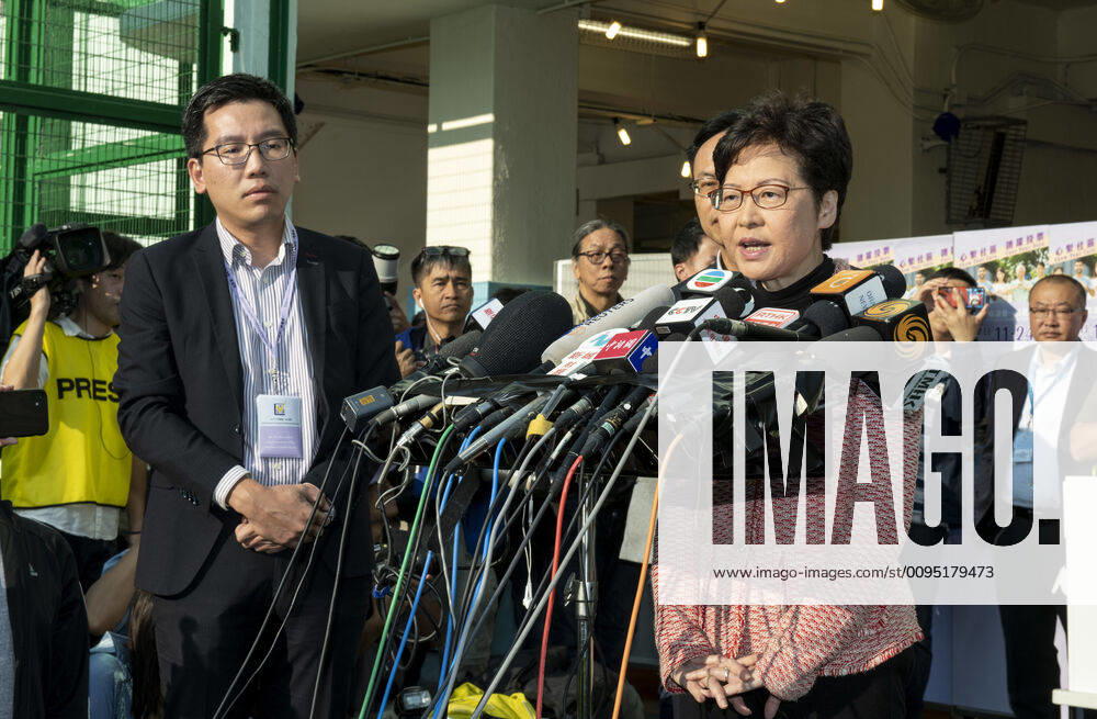 Hong Kong Chief Executive, CARRIE LAM, votes in the local council elections. Lam meets the press at Raymond College in Midlevels Central to cast her vote in an election predicted to show Hong Kongers true views following 5 months of protests. Hong Kong China - ZUMAr144 20191124_zap_r144_005