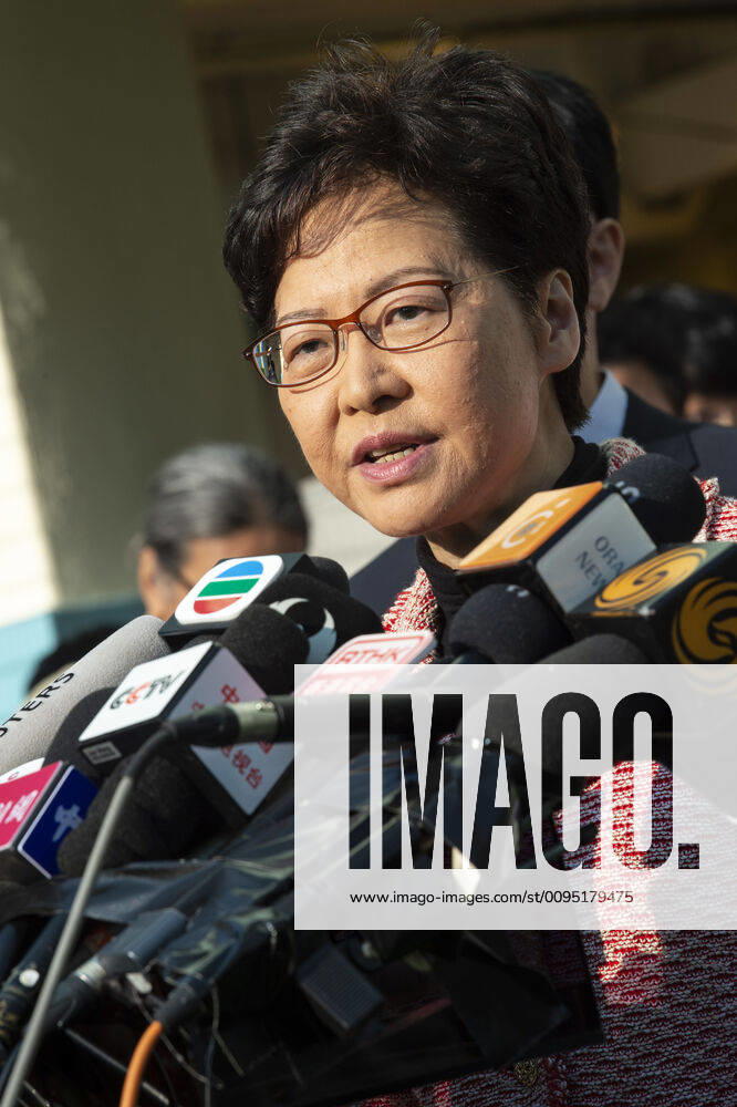 Hong Kong Chief Executive, CARRIE LAM, votes in the local council elections. Lam meets the press at Raymond College in Midlevels Central to cast her vote in an election predicted to show Hong Kongers true views following 5 months of protests. Hong Kong China - ZUMAr144 20191124_zap_r144_004