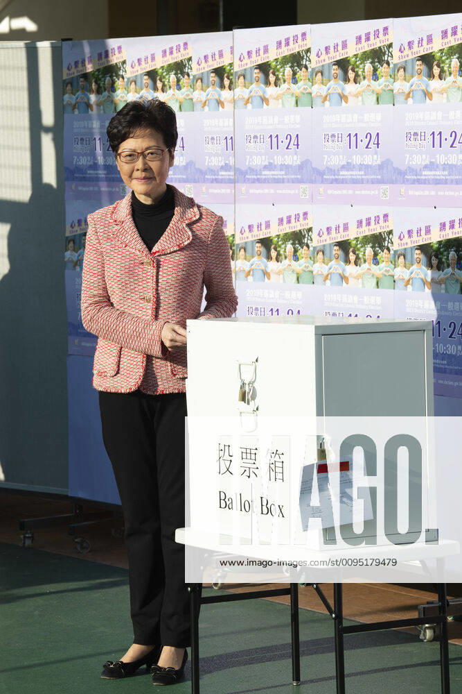 Hong Kong Chief Executive, CARRIE LAM, votes in the local council elections. Lam meets the press at Raymond College in Midlevels Central to cast her vote in an election predicted to show Hong Kongers true views following 5 months of protests. Hong Kong China - ZUMAr144 20191124_zap_r144_009