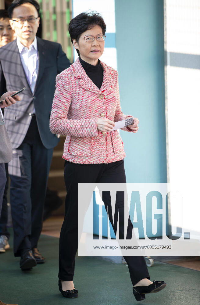 Hong Kong Chief Executive, CARRIE LAM, votes in the local council elections. Lam meets the press at Raymond College in Midlevels Central to cast her vote in an election predicted to show Hong Kongers true views following 5 months of protests. Hong Kong China - ZUMAr144 20191124_zap_r144_014