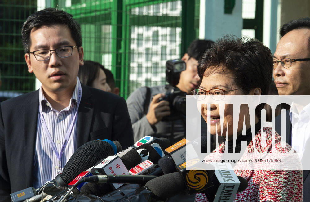 Hong Kong Chief Executive, CARRIE LAM, votes in the local council elections. Lam meets the press at Raymond College in Midlevels Central to cast her vote in an election predicted to show Hong Kongers true views following 5 months of protests. Hong Kong China - ZUMAr144 20191124_zap_r144_017