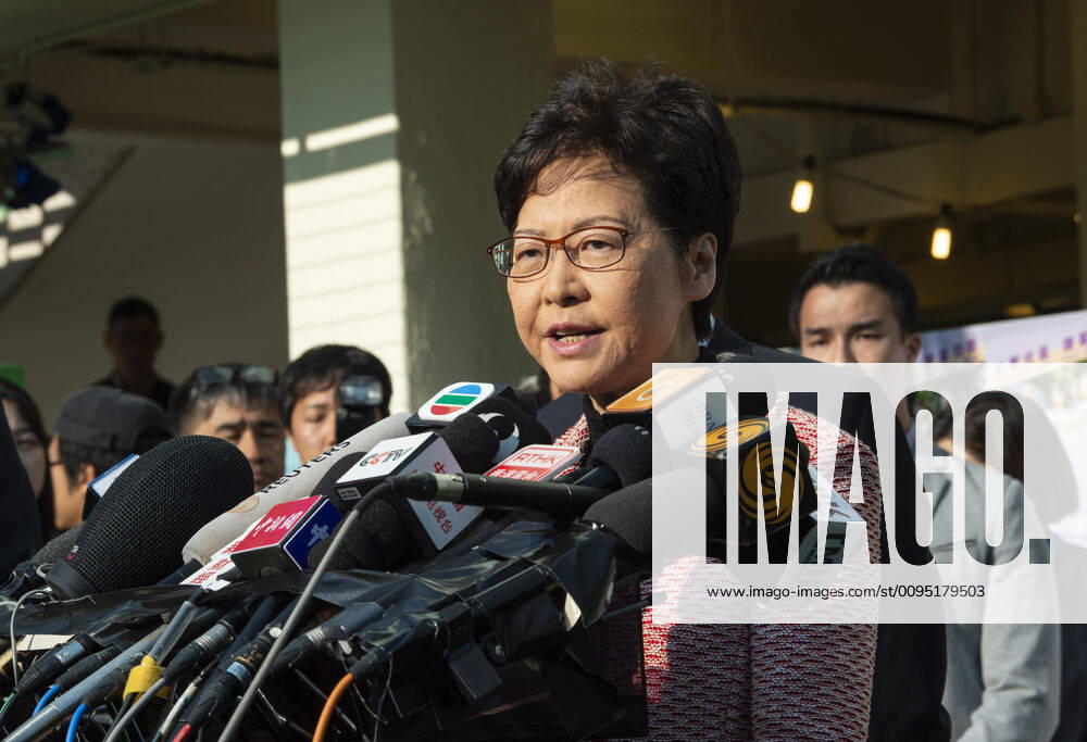 Hong Kong Chief Executive, CARRIE LAM, votes in the local council elections. Lam meets the press at Raymond College in Midlevels Central to cast her vote in an election predicted to show Hong Kongers true views following 5 months of protests. Hong Kong China - ZUMAr144 20191124_zap_r144_018