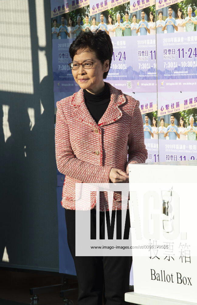 Hong Kong Chief Executive, CARRIE LAM, votes in the local council elections. Lam meets the press at Raymond College in Midlevels Central to cast her vote in an election predicted to show Hong Kongers true views following 5 months of protests. Hong Kong China - ZUMAr144 20191124_zap_r144_020