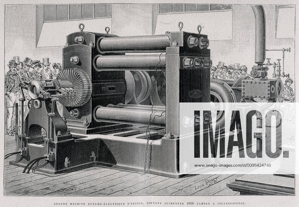 EDISON Grande machine dynamo-electrique d EDISON pouvant alimenter 1000 lampes a incandescence presentee a l Exposition Internationale d Electricite au Palais de l Industrie en 1881. Gravure in Principales applications de l electricite par E. HOSPITALIER, 1882. Credit Collection Kharbine Tapabor